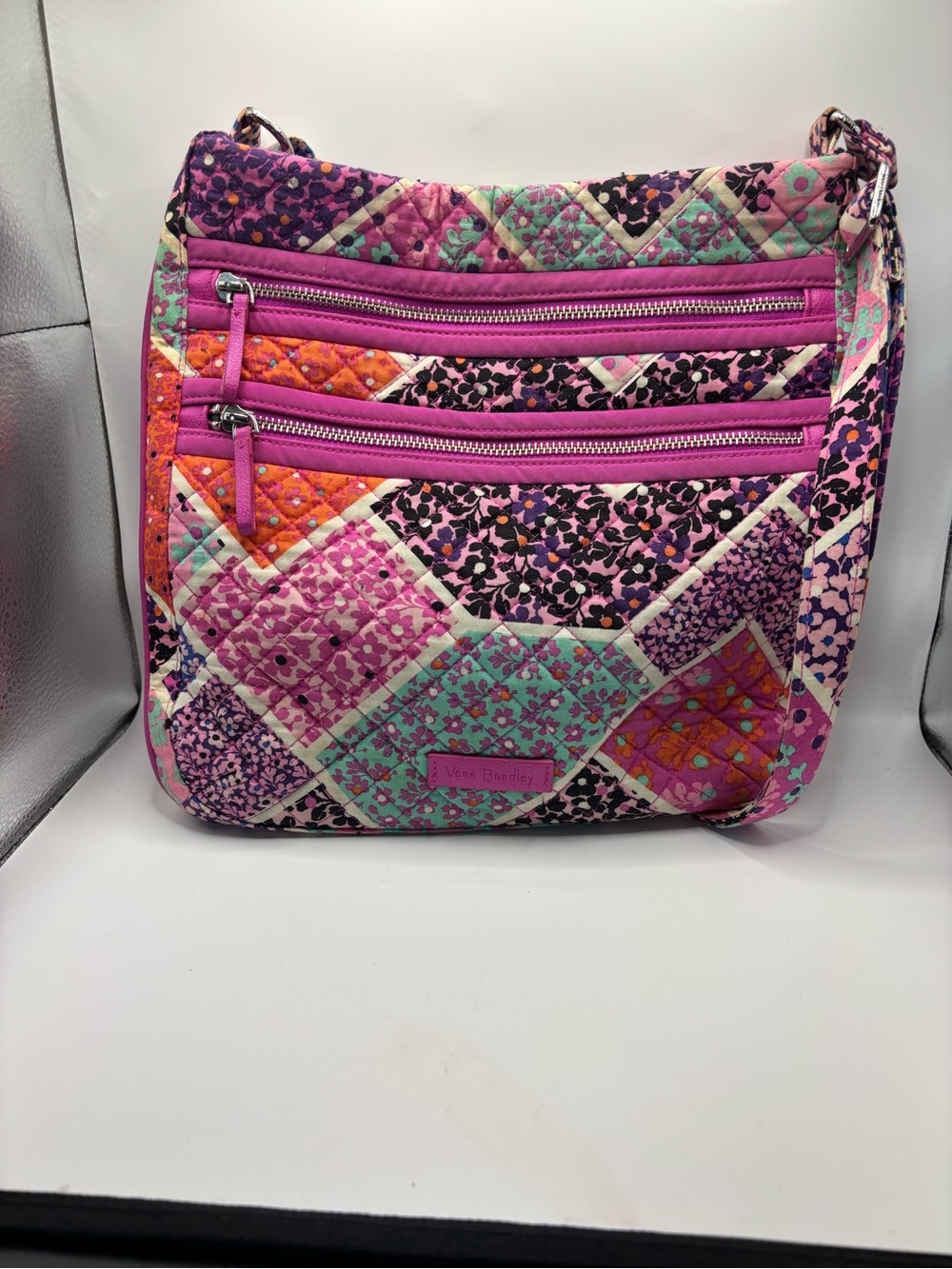 Vera Bradley Pink Patchwork Quilted Crossbody Purse with Mint & Orange Accents